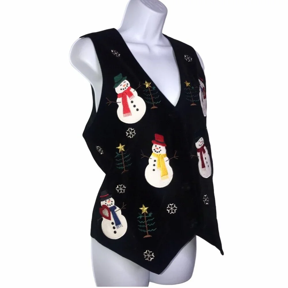 Vintage Westbound Christmas Vest Womens Petites PM Black Velvet Holiday Snowman - Picture 5 of 10